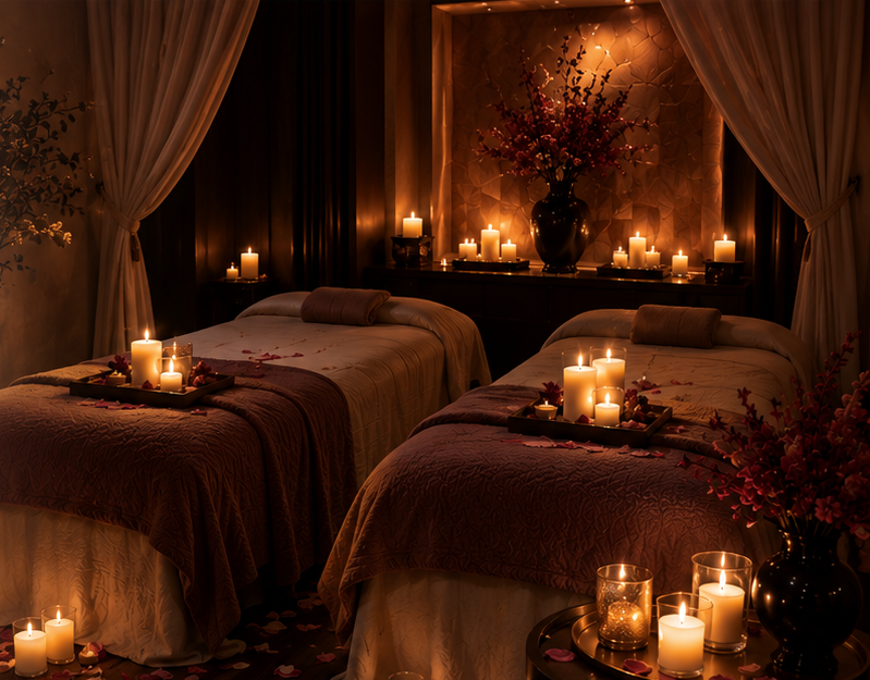 Peaceful couples massage room with towels and candlelight